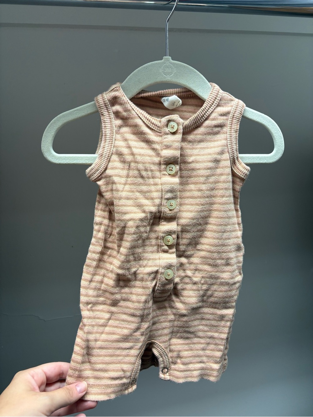 kate quinn Peach-Striped Sleeveless Button Romper